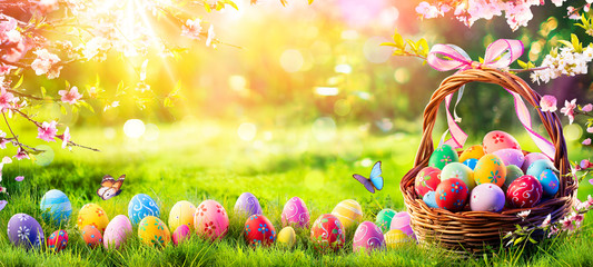 Easter - Painted Eggs In Basket On Grass In Sunny Orchard