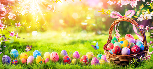 Easter - Painted Eggs In Basket On Grass In Sunny Orchard