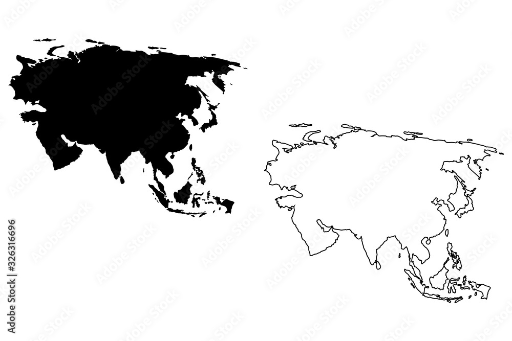 Asia map vector, isolated on white background. Black template, flat earth.  Simplified, generalized with round corners.
