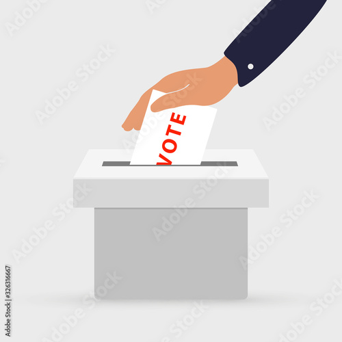  Flat hand putting vote bulletin into ballot box. Election concept