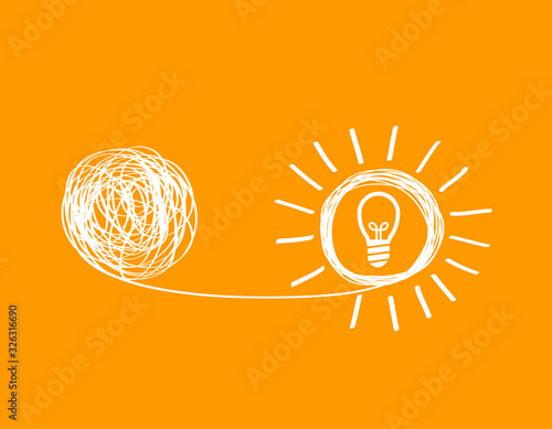 icon showing untangling a tangled line into creative idea. a metaphor for a mentor or coach in a troubled business. the concept of dealing with chaotic thought processes, confusion