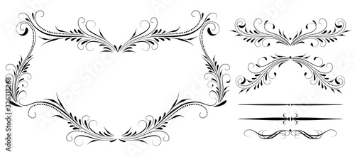 Set vintage symmetric ornament, frame and decorative divider for greeting card, invitation postcard or text