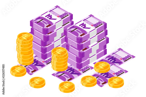Bundle of 2000 Indian Rupee banknotes money and gold coin vector isometric design. India currency, business, finance and Payment element. Can be used for web, mobile, infographic, and print.