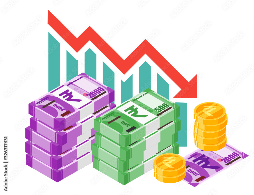 Indian Rupee Exchange Rate Stock Market Value Price Decrease down vector icon logo design. India currency, business, finance and economy element.  Can be used for web, mobile, infographic and print.