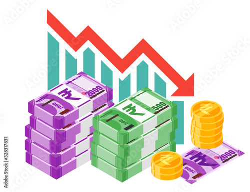 Indian Rupee Exchange Rate Stock Market Value Price Decrease down vector icon logo design. India currency, business, finance and economy element.  Can be used for web, mobile, infographic and print.
