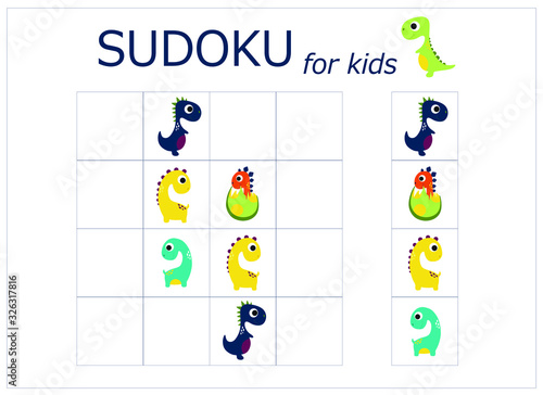 sudoku for kids with dinosaurs.  Sudoku. Children's puzzles. Educational game for children. colored dinosaurs