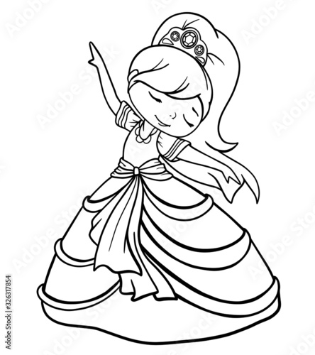 princess girl dancing in lush outline dress in crown vector coloring baby illustration page