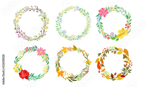 Wallpaper Mural Floral Wreaths with Tree Branches, Autumn Leaves and Blooming Summer Flowers Vector Set Torontodigital.ca