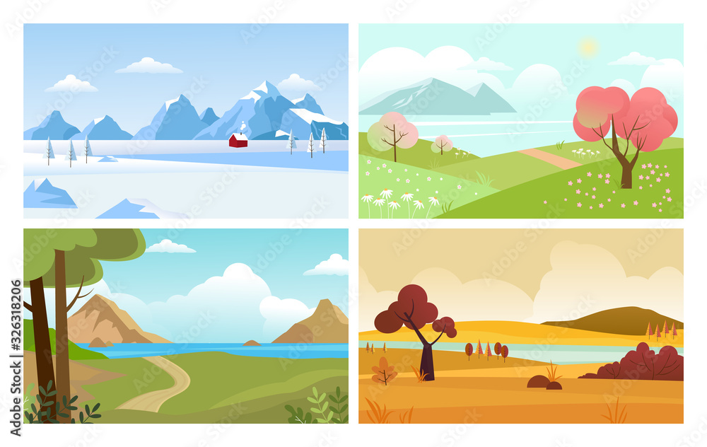 four seasons backgrounds. summer winter autumn spring nature landscape with trees leaves grass and snow mountain. vector