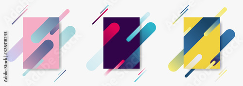 Set of cover poster pattern template with dynamic composition made of various color rounded lines shapes lines in diagonal rhythm.