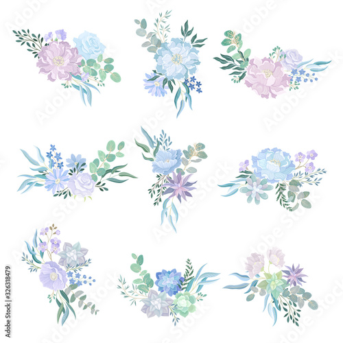 Tender Floral Composition with Blue Flowers and Twigs Vector Set