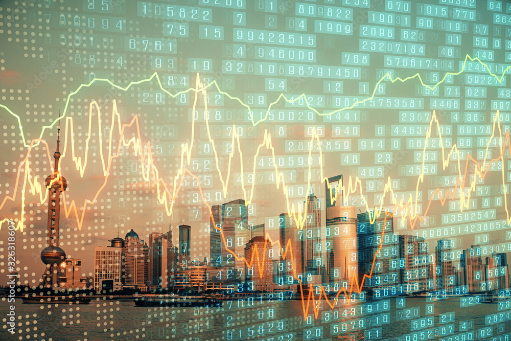Forex graph on city view with skyscrapers background double exposure. Financial analysis concept. Forex graph on city view with skyscrapers background double exposure. Financial analysis concept.