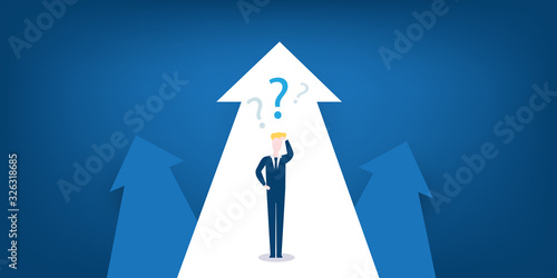 Choice, Way, Direction Design Concept - Decisions, Businessman Thinking, Choosing, Deciding the Next Step - Standing Male Scratching His Head, in Front of a Big Arrow, Vector Illustration