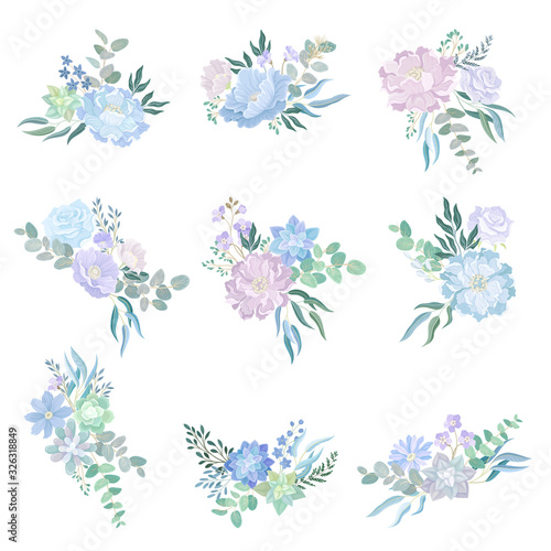 Tender Floral Composition with Blue Flowers and Twigs Vector Set © Happypictures