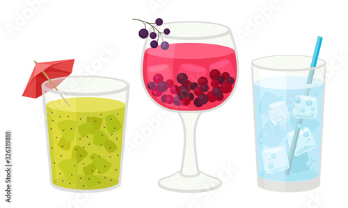 Fresh Cocktails with Ice Cubes and Berries in Glass Vector Set. Refreshing Fruit Water