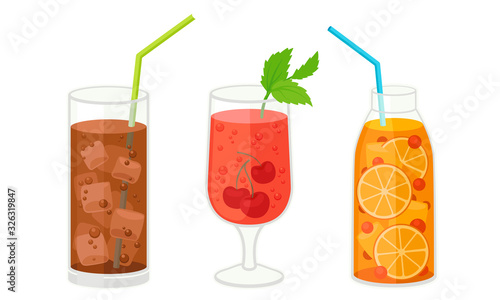 Fresh Cocktails with Ice Cubes and Berries in Glass and Jar Vector Set