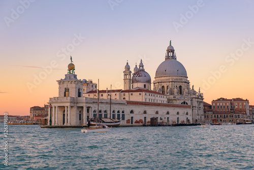 Santa Maria della Salute (Saint Mary of Health) at sunrise time, a Catholic church in Venice, Italy photo