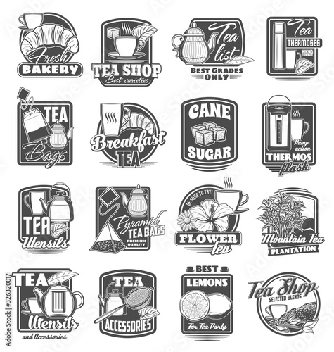 Tea shop and bakery croissant dessert, vector icons. Herbal and flower mountain tea leaf, teabgs and thermos flask, tea brew porcelain pot and utensil accessories, cane sugar and lemons