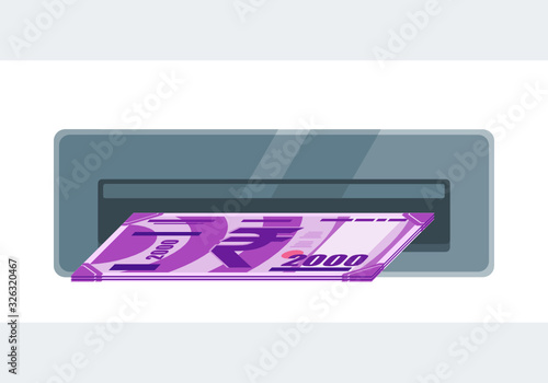 Withdraw Indian Rupee money from ATM Machine vector illustration flat design. India Payment and finance element.  Can be used for web and mobile, infographic and print.