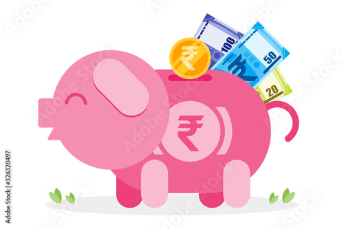 Saving Indian Rupee coin and money to piggy bank vector illustration flat design. Economy and financial concept element.  Can be used for web and mobile, infographic and print.