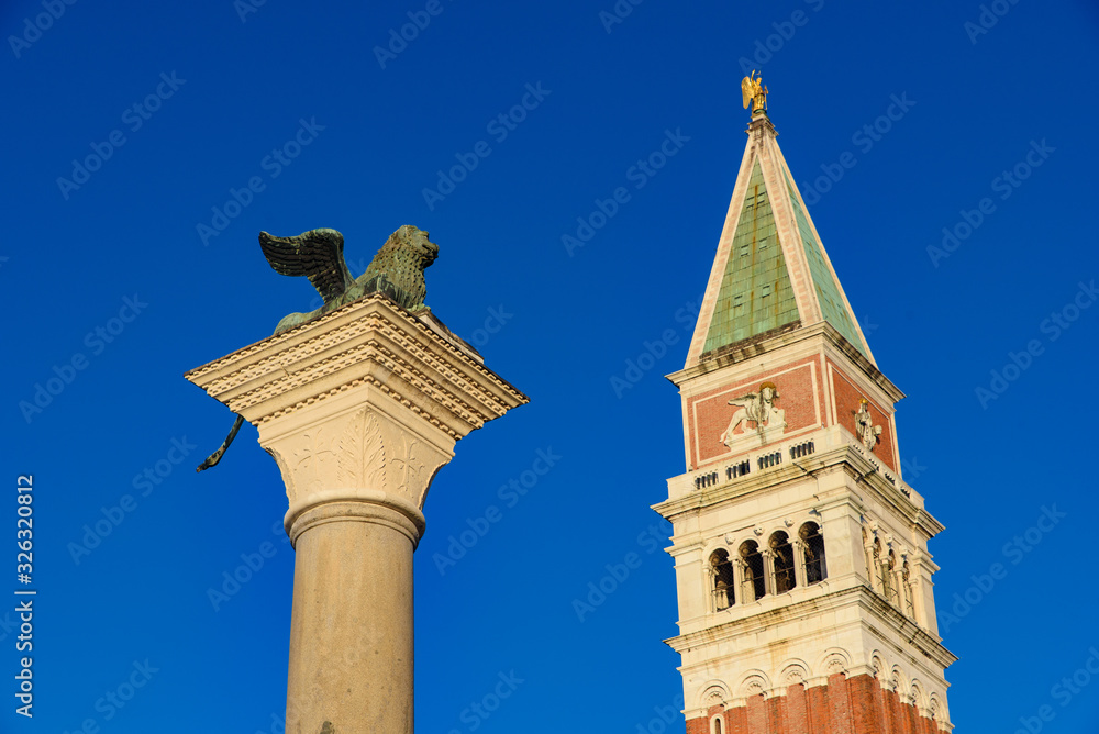 Column of San Marco and St Mark's Campanile, Venice, Italy