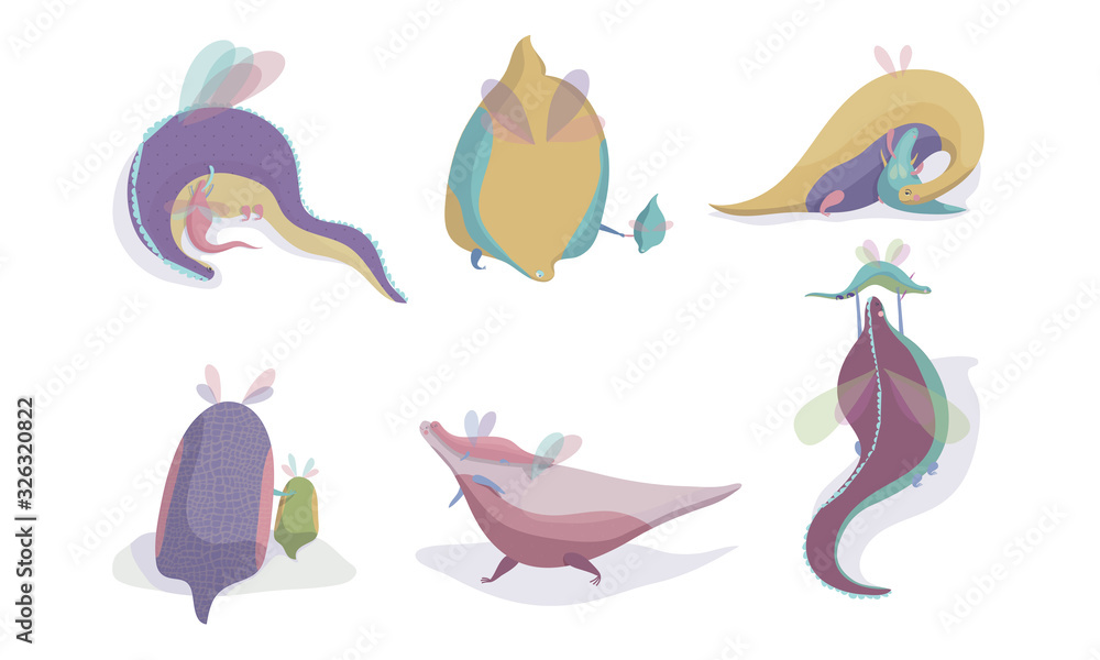 Fototapeta premium Fairy Dragons with Small Wings Playing with Their Cubs Vector Set