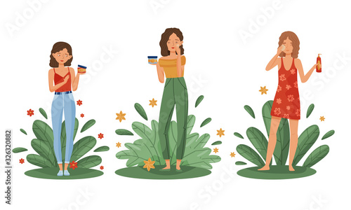 Women Using Facial Cleanser. Females Testing Natural Organic Cosmetic Products with Botanical Leaves Behind Vector Illustrations Set