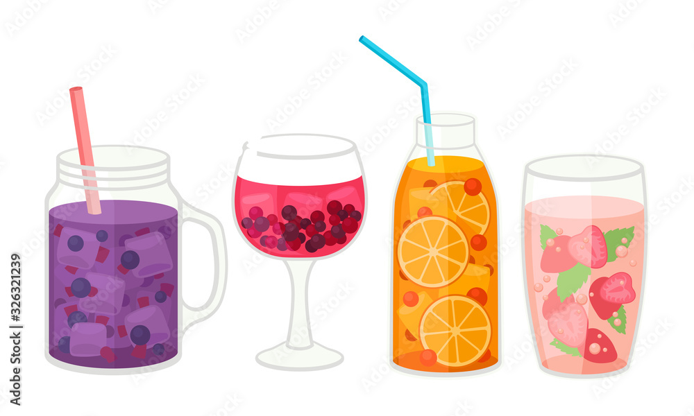 Fresh Cocktails with Ice Cubes and Sliced Fruits and Berries in Glass and Jar with Straw Vector Set Fresh Cocktails with Ice Cubes and Sliced Fruits and Berries in Glass and Jar with Straw Vector Set