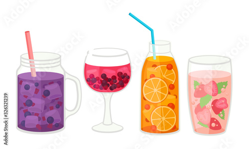 Fresh Cocktails with Ice Cubes and Sliced Fruits and Berries in Glass and Jar with Straw Vector Set