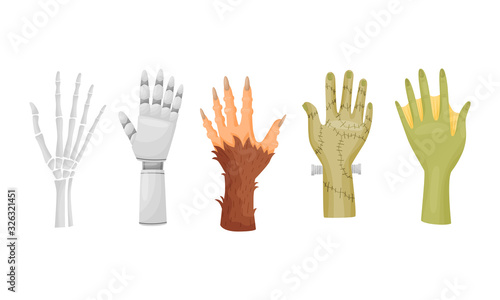 Hands and Paws of Monsters and Fantastic Creatures Like Frankenstein and Robot Vector Set