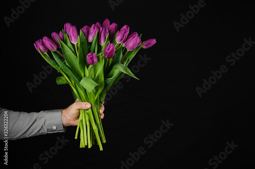 male hand in grey shirt give bouquet of flowers purple tulips on black background. 