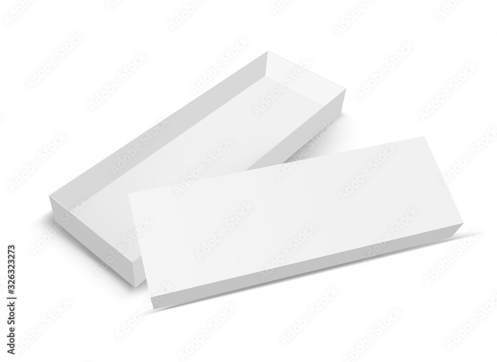 White rectangular package for snacks, food and chocolate. Open box White rectangular package for snacks, food and chocolate. Open box