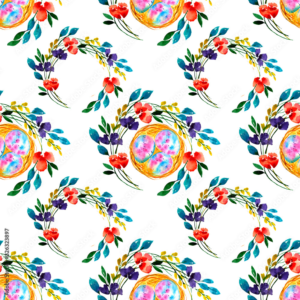 Seamless pattern with eggs and nest surrounded by twigs and flowers on a white background
