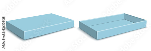 Blue rectangular package for snacks, food and chocolate. Open box