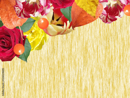 Beautiful floral background of roses, tulips and physalis. Isolated