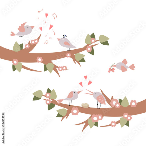 Cute birds on branches sing  fly  with flowers  egg  hearts  notes. Greeting card for Valentine s Day  family  women s day  wedding. romantic spring card