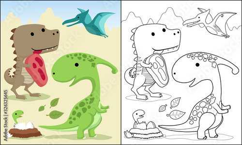 set of dinosaurs cartoon, coloring book or page