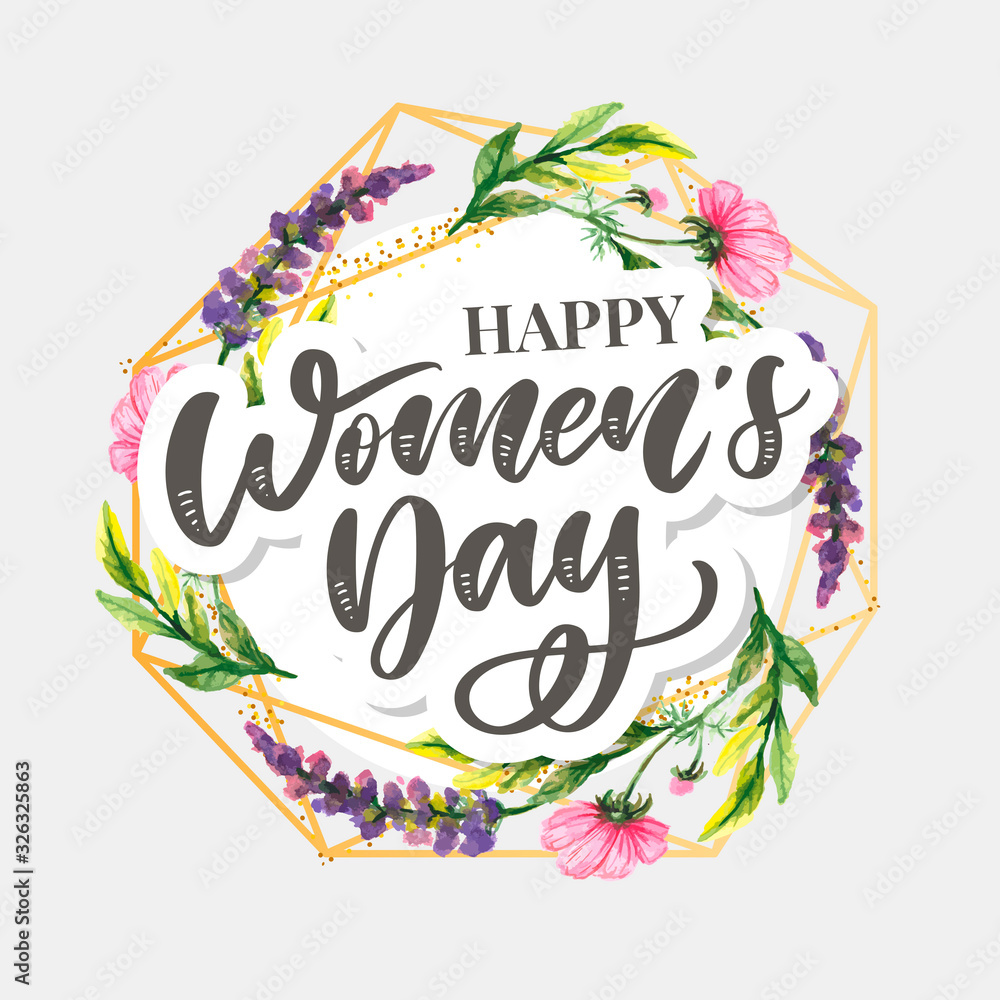 Woman s Day text design with flowers and hearts on square background. Vector illustration. Woman s Day greeting calligraphy design in pink colors. Template for a poster, cards, banner. Woman s Day text design with flowers and hearts on square background. Vector illustration. Woman s Day greeting calligraphy design in pink colors. Template for a poster, cards, banner.