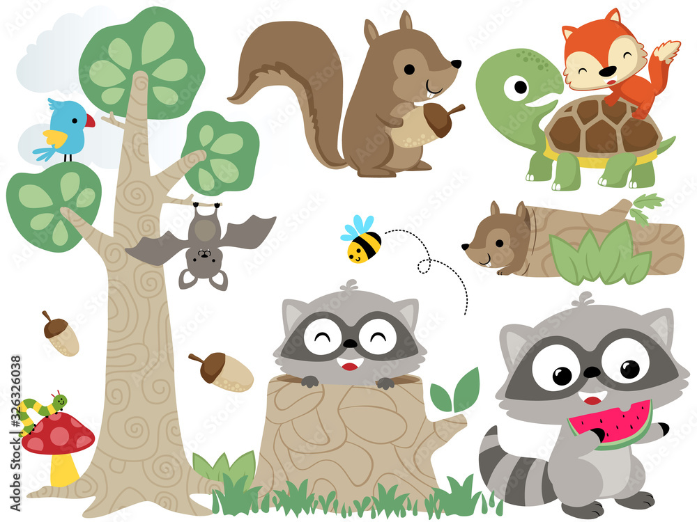 Naklejka premium kreskówka zestaw kreskówek zwierząt leśnych