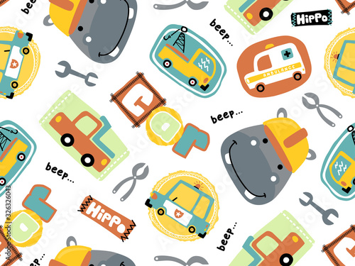 seamless pattern of cars with funny hippo cartoon, car repair shop theme cartoon