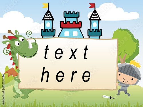 Cartoon of dragon with little knight holding a banner and a castle on the background.