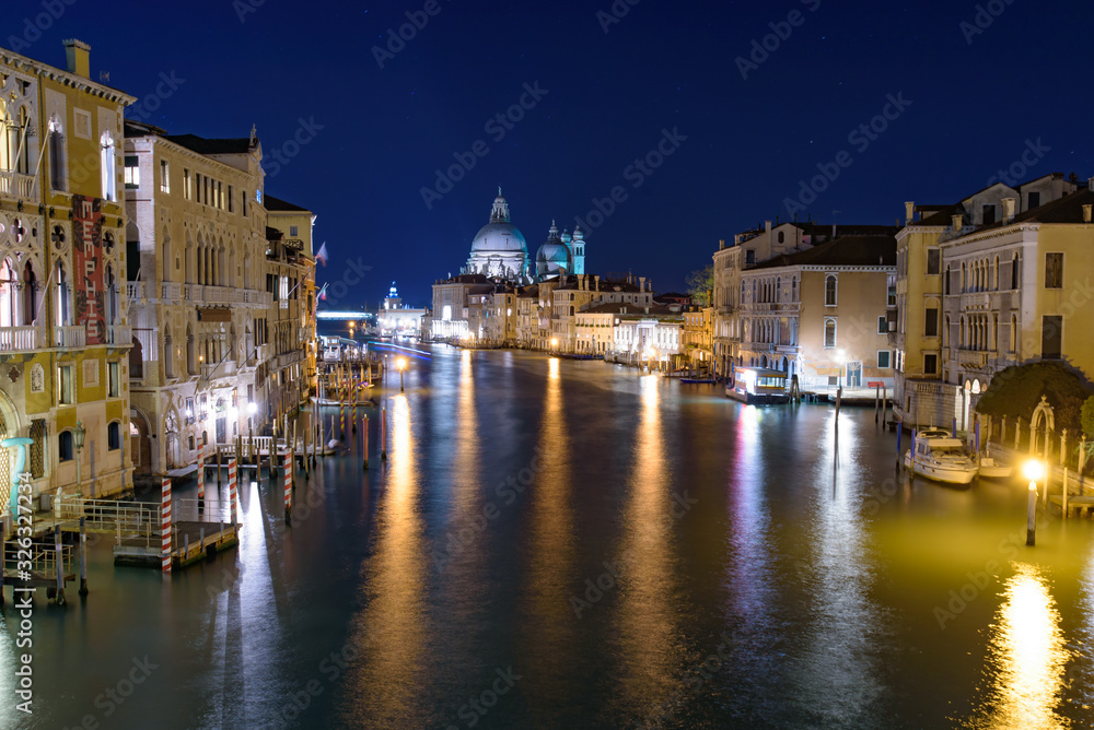 Grand Canal with Santa Maria della Salute at background at night, Venice, Italy