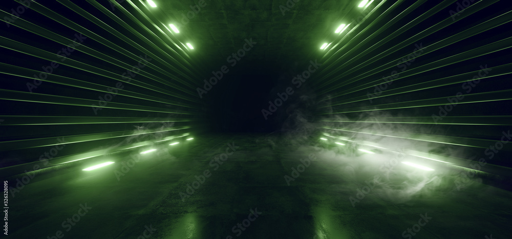 Sci FI Futuristic Smoke Glowing Green Neon Led Laser Tunnel Dark Night Corridor Hallway Concrete Metal Spaceship Stage Podium Showroom Electric Cyber Virtual 3D Rendering