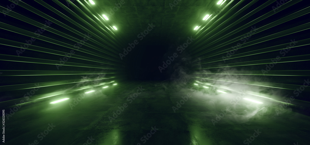 Fototapeta premium Sci FI Futuristic Smoke Glowing Green Neon Led Laser Tunnel Dark Night Corridor Hallway Concrete Metal Spaceship Stage Podium Showroom Electric Cyber Virtual 3D Rendering