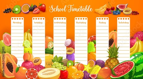 School timetable lessons weekly planner with tropical fruits and berries. School schedule timetable , vector template with plum, mango and papaya, watermelon, lychee and melon, grape, berries and figs