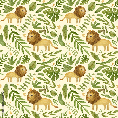 Watercolor seamless pattern with lion and plants. Jungle adventure background with wild cat and leaves. Woodland animals texture perfect for children's textiles, wrapping, cards, wallpaper