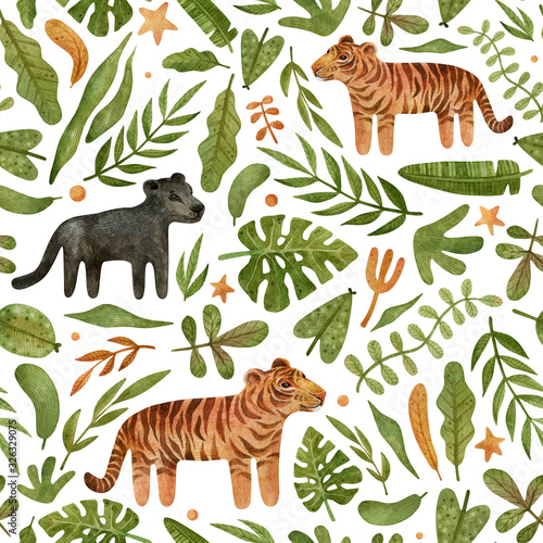 Canvas Print Watercolor seamless pattern with tiger, panther and plants