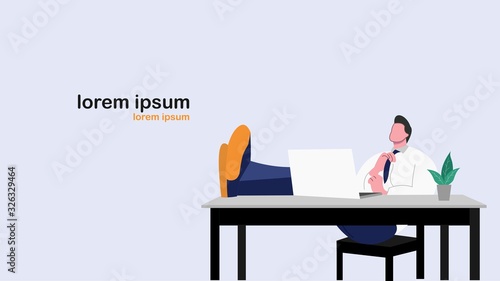 men sit casually in front of the laptop while raising their feet on the table.flat design,vector illustration