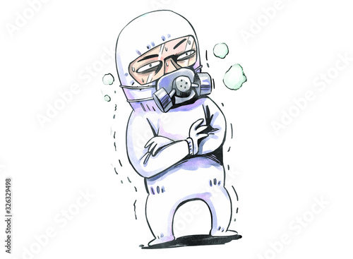 A man wearing a dustproof suit and trembling with fear.