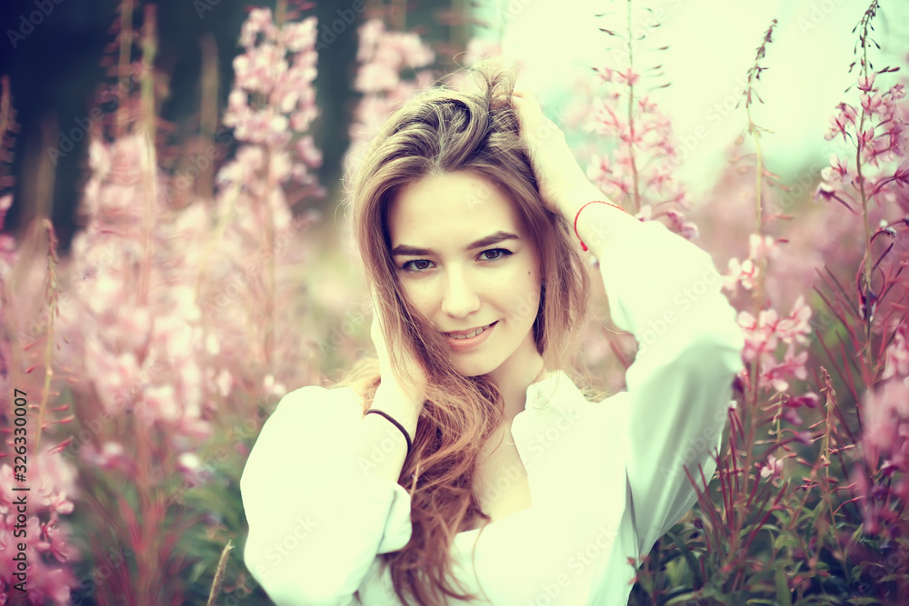 pink flowers hairgirl model / beautiful glamorous fashion model in the field nature summer pink flowers hairgirl model / beautiful glamorous fashion model in the field nature summer